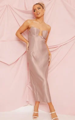 Satin V Bar Bandeau Midi Dress-PrettyLittleThing Hot