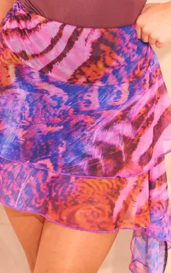 Mauve Watercolour Printed Mesh Drape Detail Mini Skirt