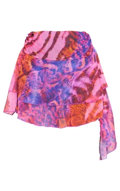 Mauve Watercolour Printed Mesh Drape Detail Mini Skirt