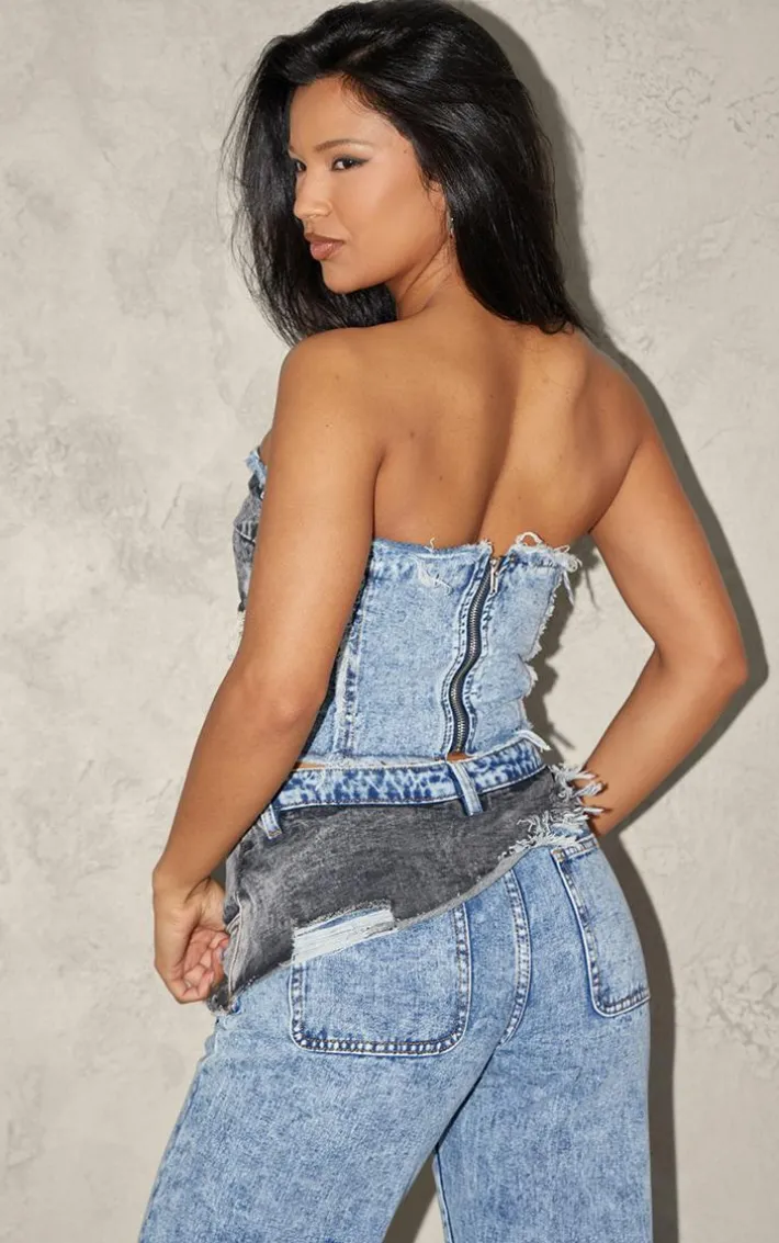 Mid Blue Acid Wash Layered Raw Hem Bandeau Denim Top