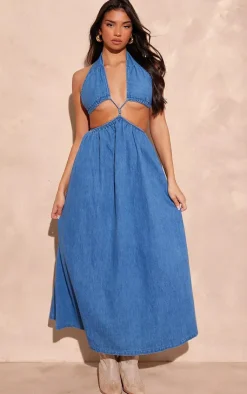 Mid Denim Cut Out Cross Front Maxi Dress-PrettyLittleThing New