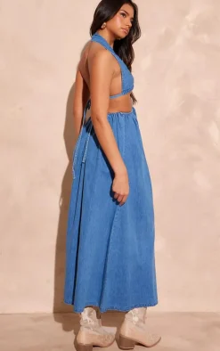 Mid Denim Cut Out Cross Front Maxi Dress-PrettyLittleThing New