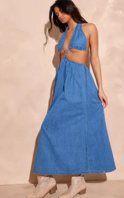 Mid Denim Cut Out Cross Front Maxi Dress-PrettyLittleThing New