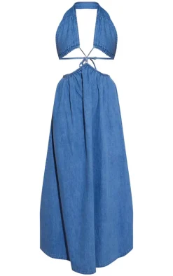 Mid Denim Cut Out Cross Front Maxi Dress-PrettyLittleThing New