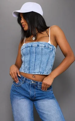PrettyLittleThing Corsets*Bandeau Seam Detail Denim Corset Top