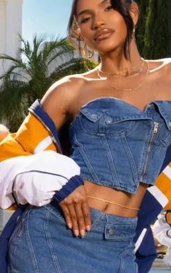 Discount PrettyLittleThing Biker Cup Detail Denim Top Mid Blue Wash