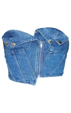 Discount PrettyLittleThing Biker Cup Detail Denim Top Mid Blue Wash