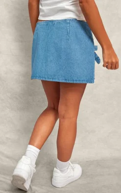 Mid Blue Wash Bow Detail Denim Mini Skirt