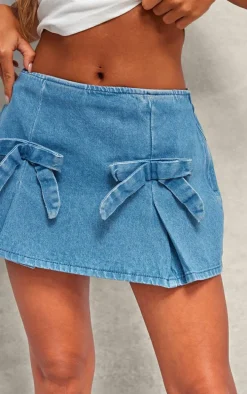 Mid Blue Wash Bow Detail Denim Mini Skirt