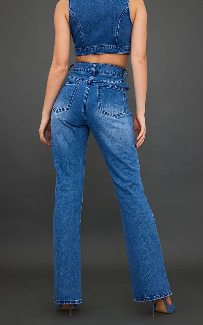 Mid Blue Wash Button Detail Flared Jeans