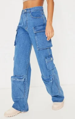 Mid Blue Wash Cargo Pocket Detail Wide Leg Jeans