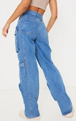 Mid Blue Wash Cargo Pocket Detail Wide Leg Jeans