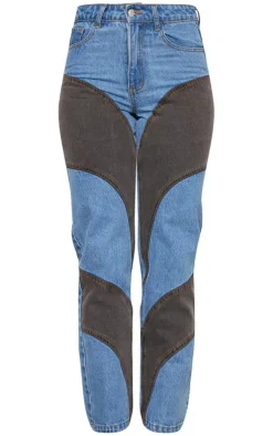 Mid Blue Wash Contrast Panelled Straight Leg Jeans