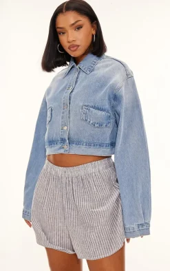 Mid Blue Wash Cropped Button Denim Jacket