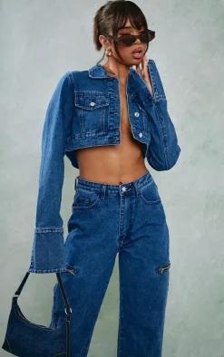 Clearance PrettyLittleThing Denim Cuff Detail Cropped Jacket Mid Blue Wash