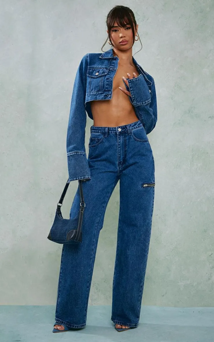 Clearance PrettyLittleThing Denim Cuff Detail Cropped Jacket Mid Blue Wash