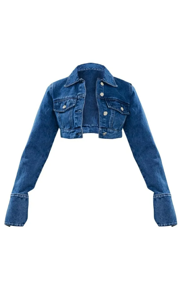 Clearance PrettyLittleThing Denim Cuff Detail Cropped Jacket Mid Blue Wash