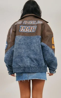 PrettyLittleThing Bomber Jackets*Denim Faux Leather Mix Badge Detail Bomber Jacket