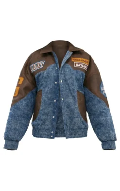 PrettyLittleThing Bomber Jackets*Denim Faux Leather Mix Badge Detail Bomber Jacket