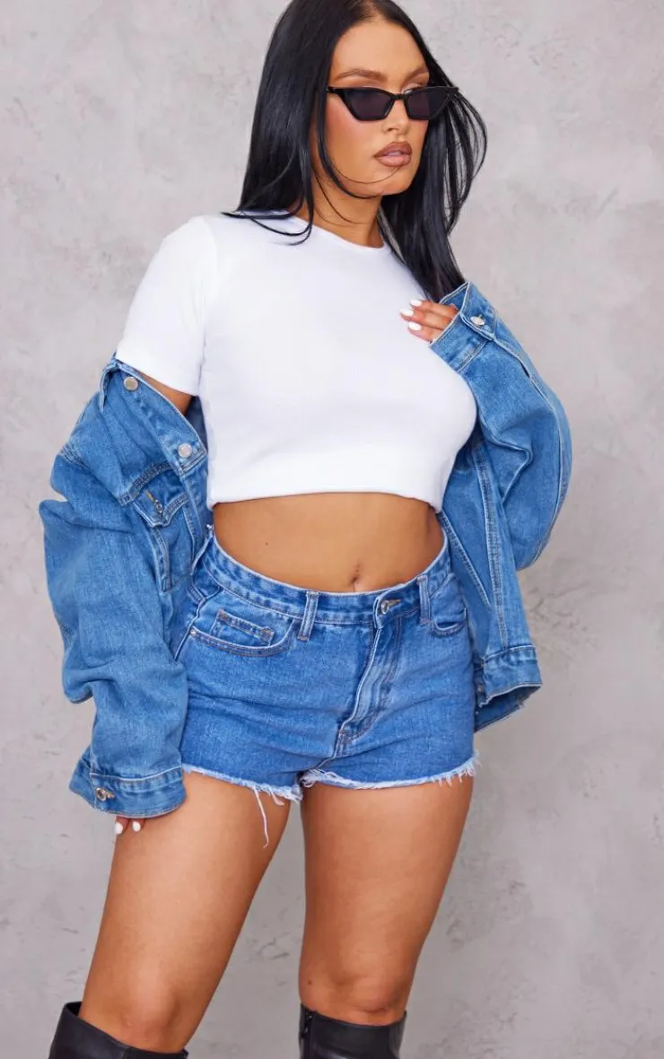Hot PrettyLittleThing Denim Frayed Hem Shorts Mid Blue Wash