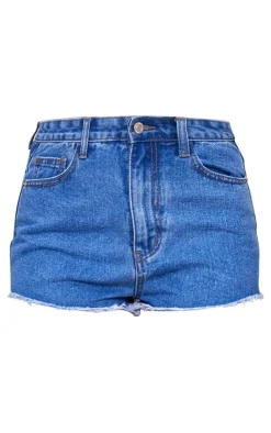 Hot PrettyLittleThing Denim Frayed Hem Shorts Mid Blue Wash