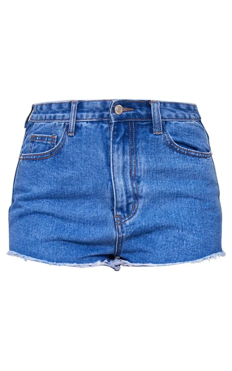 Hot PrettyLittleThing Denim Frayed Hem Shorts Mid Blue Wash