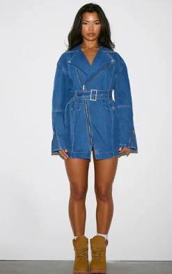 Denim Long Sleeve Belted Biker Dress-PrettyLittleThing