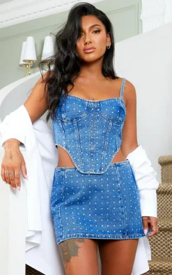 New PrettyLittleThing Diamanté Detail Denim Corset Top Mid Blue Wash