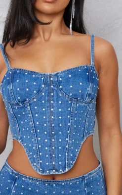 New PrettyLittleThing Diamanté Detail Denim Corset Top Mid Blue Wash