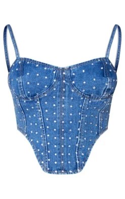 New PrettyLittleThing Diamanté Detail Denim Corset Top Mid Blue Wash