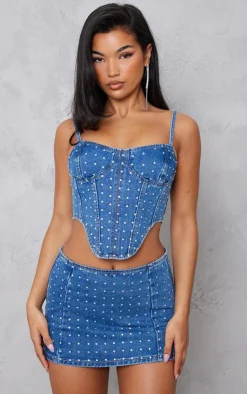 Discount PrettyLittleThing Diamanté Detail Denim Mini Skirt Mid Blue Wash