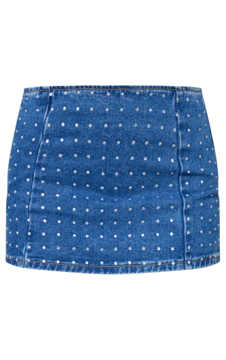 Discount PrettyLittleThing Diamanté Detail Denim Mini Skirt Mid Blue Wash