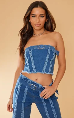 Clearance PrettyLittleThing Distressed Seam Detail Belted Denim Bandeau Top Mid Blue Wash