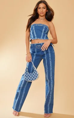 Clearance PrettyLittleThing Distressed Seam Detail Belted Denim Bandeau Top Mid Blue Wash