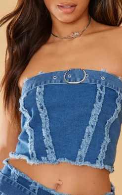 Clearance PrettyLittleThing Distressed Seam Detail Belted Denim Bandeau Top Mid Blue Wash