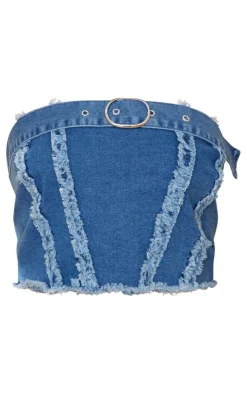 Clearance PrettyLittleThing Distressed Seam Detail Belted Denim Bandeau Top Mid Blue Wash