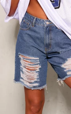 Mid Blue Wash Distressed Longline Boyfriend Shorts