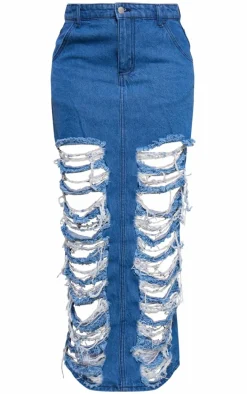 Mid Blue Wash Distressed Extreme Denim Midi Skirt