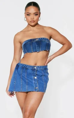 Outlet PrettyLittleThing Extreme Cropped Denim Bandeau Top Mid Blue Wash