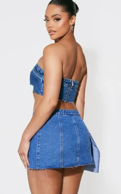 Outlet PrettyLittleThing Extreme Cropped Denim Bandeau Top Mid Blue Wash