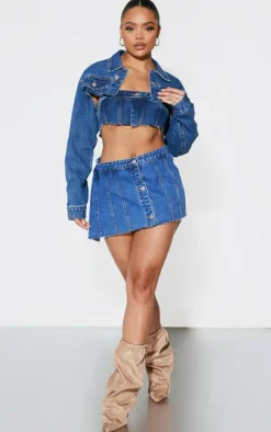 Outlet PrettyLittleThing Extreme Cropped Denim Bandeau Top Mid Blue Wash