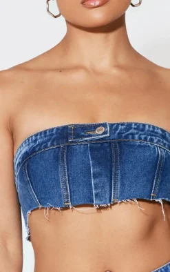 Outlet PrettyLittleThing Extreme Cropped Denim Bandeau Top Mid Blue Wash