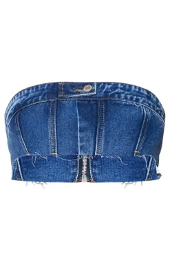 Outlet PrettyLittleThing Extreme Cropped Denim Bandeau Top Mid Blue Wash