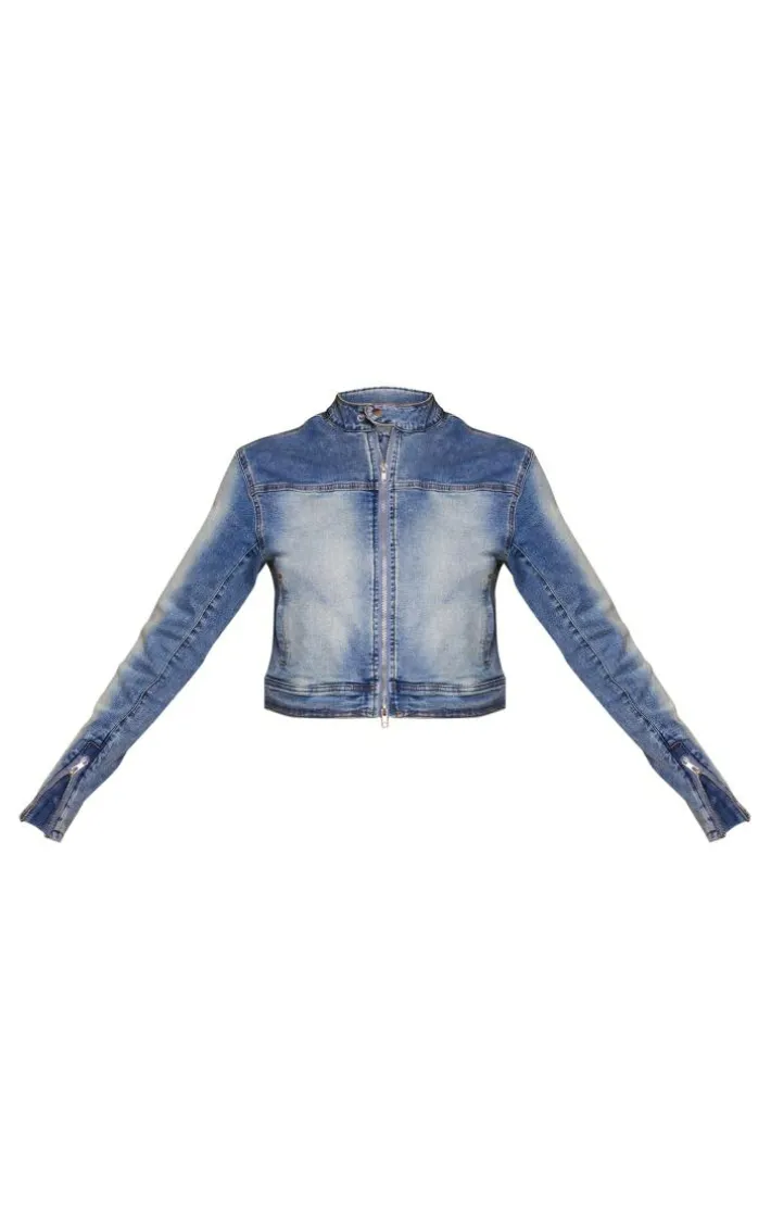 Mid Blue Wash Faded Motocross Jacket