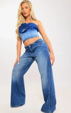 Mid Blue Wash Flower Bandeau Denim Crop Top