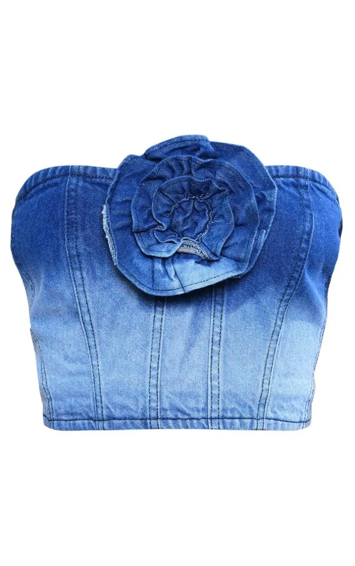 Mid Blue Wash Flower Bandeau Denim Crop Top