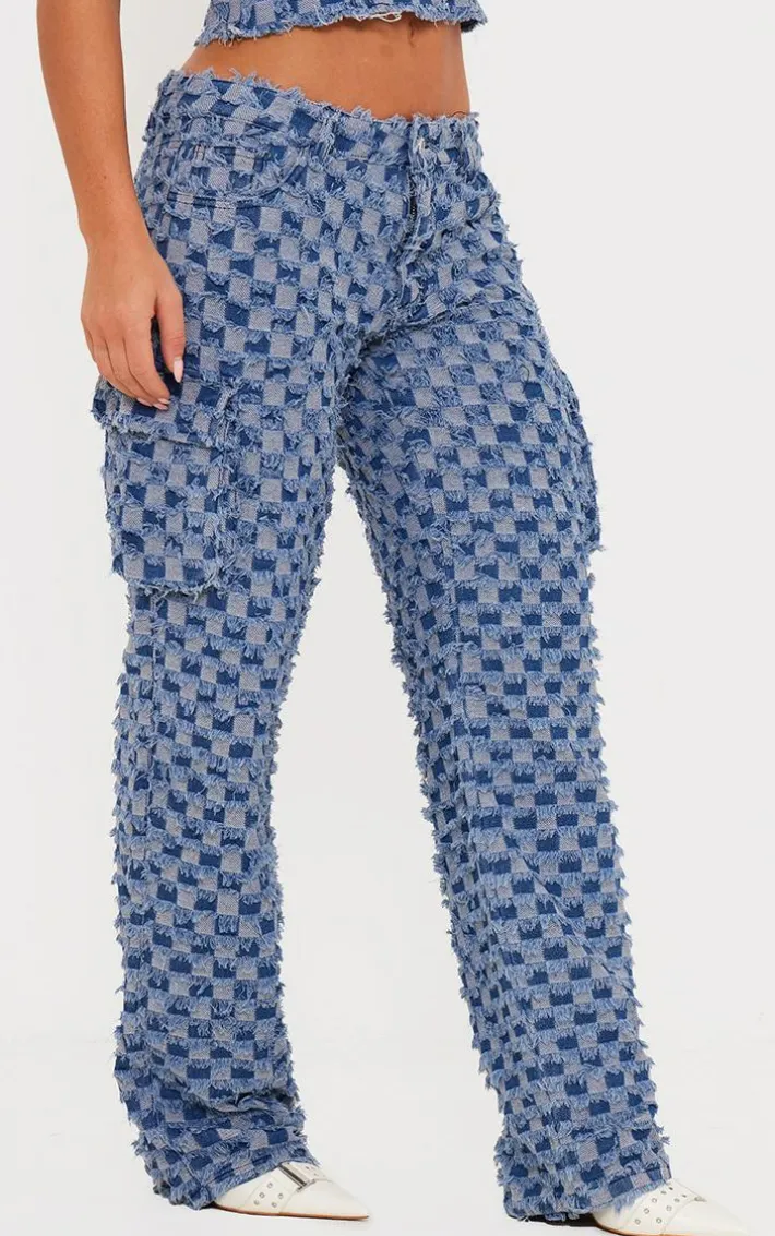 Mid Blue Wash Frayed Checkered Cargo Pocket Straight Leg Jeans