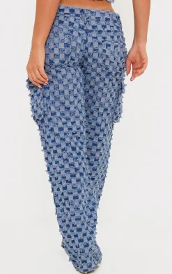 Mid Blue Wash Frayed Checkered Cargo Pocket Straight Leg Jeans