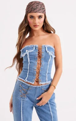 PrettyLittleThing Corsets*Frayed Detail Lace Up Denim Corset