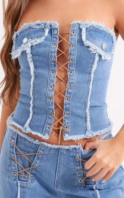 PrettyLittleThing Corsets*Frayed Detail Lace Up Denim Corset